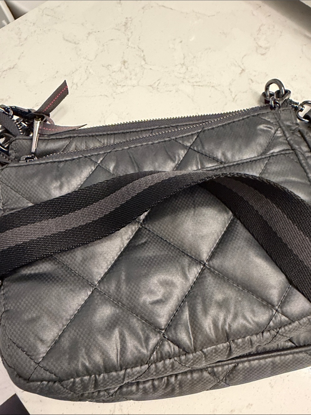 Oliver Thomas Gray Quilted Crossbody Bag with Red Trim